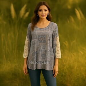 Boho Patchwork Print Crochet Sleeve Tunic Knit Top Blue Pink Abstract Size S